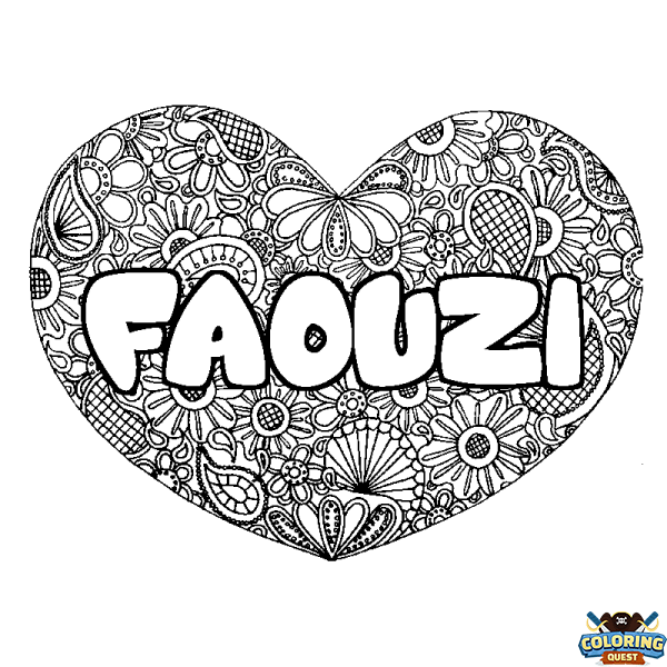 Coloring page first name FAOUZI - Heart mandala background