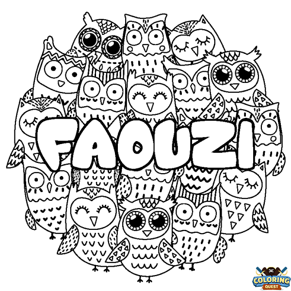 Coloring page first name FAOUZI - Owls background