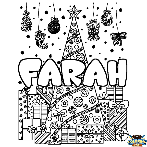 Coloring page first name FARAH - Christmas tree and presents background