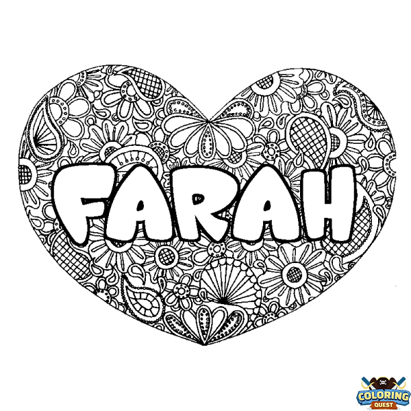 Coloring page first name FARAH - Heart mandala background