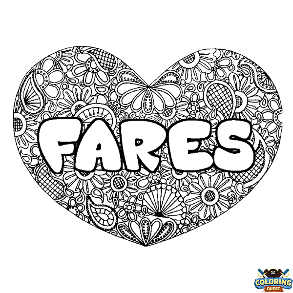 Coloring page first name FARES - Heart mandala background
