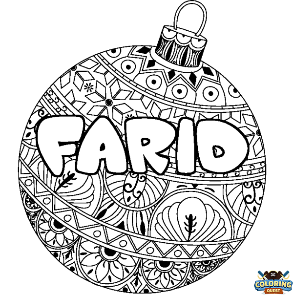 Coloring page first name FARID - Christmas tree bulb background