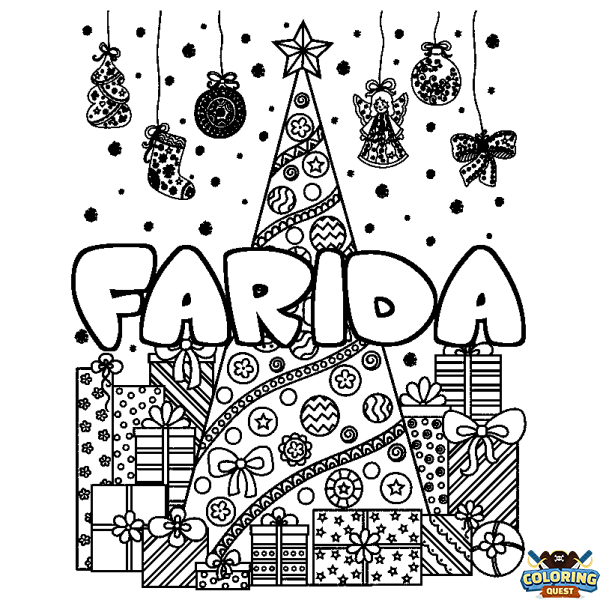 Coloring page first name FARIDA - Christmas tree and presents background