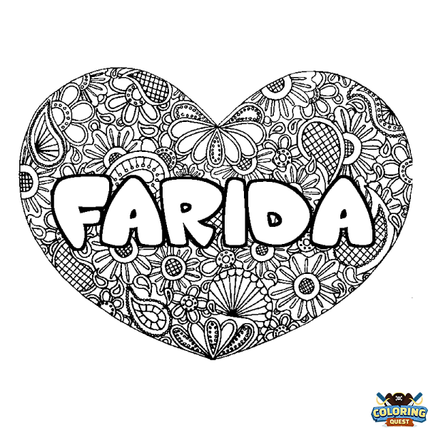 Coloring page first name FARIDA - Heart mandala background