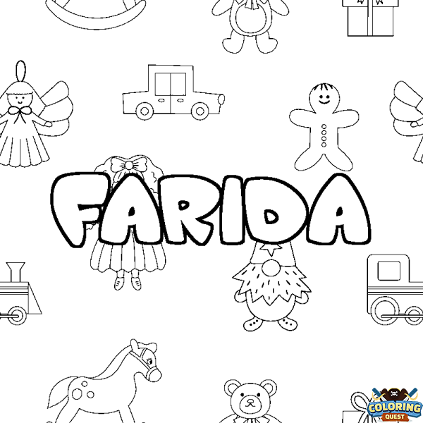 Coloring page first name FARIDA - Toys background