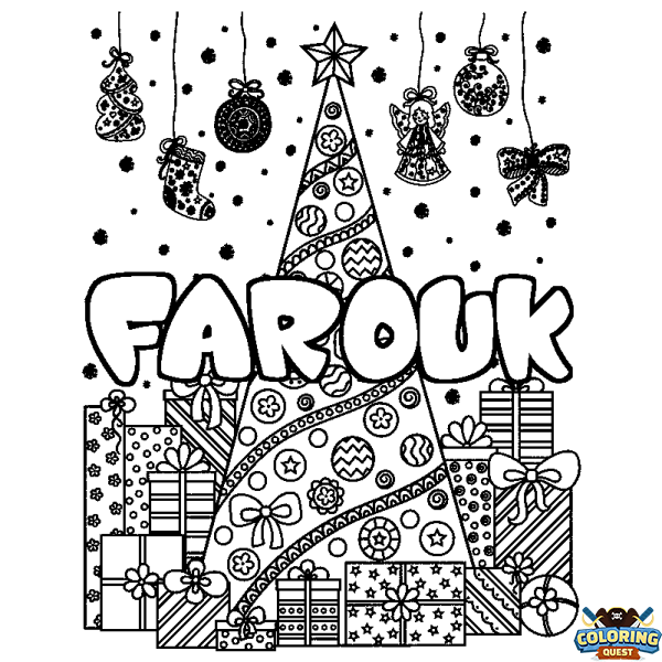 Coloring page first name FAROUK - Christmas tree and presents background