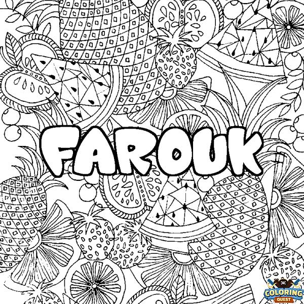 Coloring page first name FAROUK - Fruits mandala background