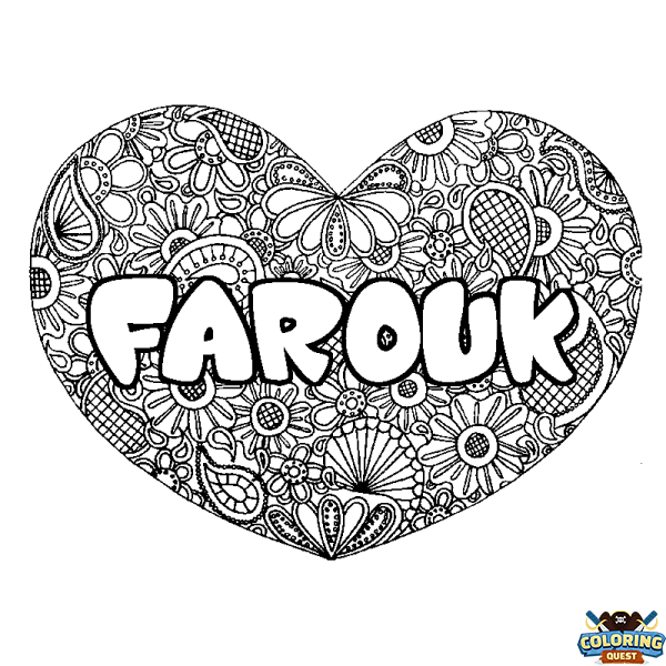 Coloring page first name FAROUK - Heart mandala background