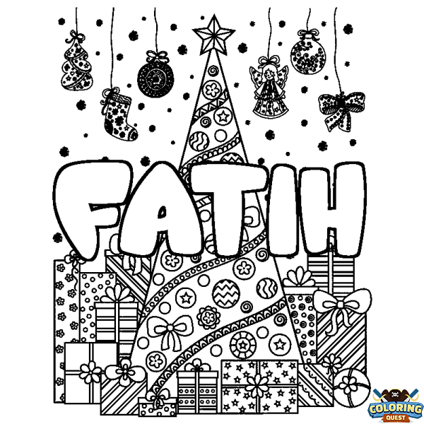 Coloring page first name FATIH - Christmas tree and presents background