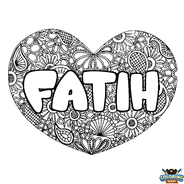 Coloring page first name FATIH - Heart mandala background