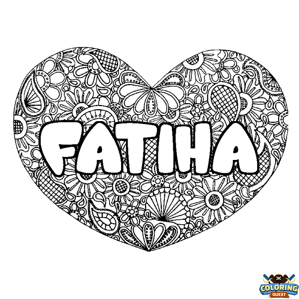 Coloring page first name FATIHA - Heart mandala background