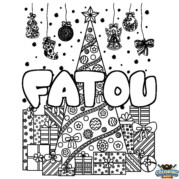 Coloring page first name FATOU - Christmas tree and presents background