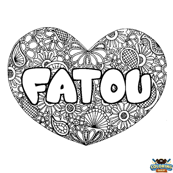 Coloring page first name FATOU - Heart mandala background