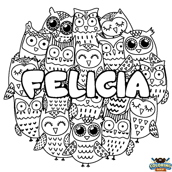 Coloring page first name FELICIA - Owls background