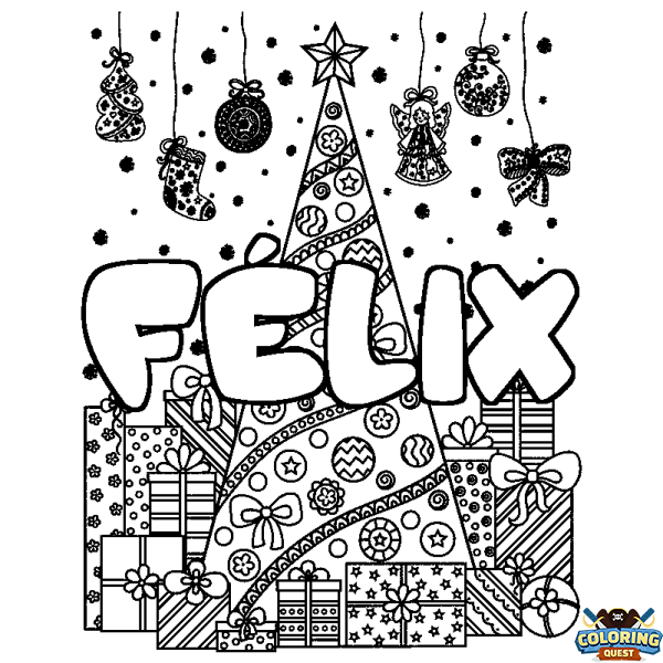 Coloring page first name F&Eacute;LIX - Christmas tree and presents background