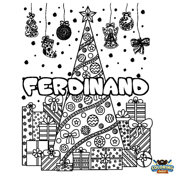 Coloring page first name FERDINAND - Christmas tree and presents background