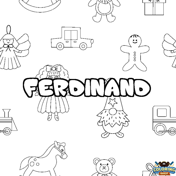 Coloring page first name FERDINAND - Toys background