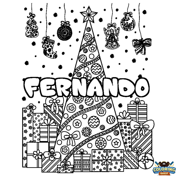 Coloring page first name FERNANDO - Christmas tree and presents background