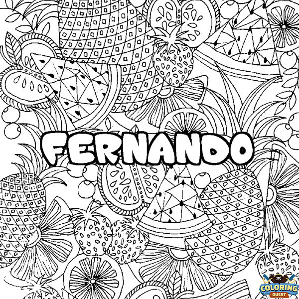 Coloring page first name FERNANDO - Fruits mandala background