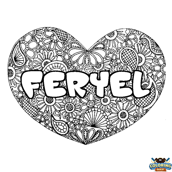Coloring page first name FERYEL - Heart mandala background