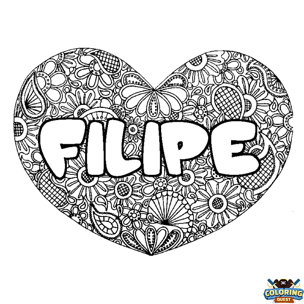 Coloring page first name FILIPE - Heart mandala background