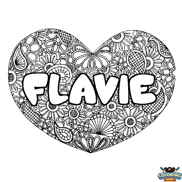 Coloring page first name FLAVIE - Heart mandala background