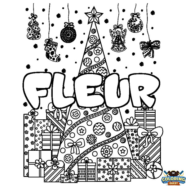 Coloring page first name FLEUR - Christmas tree and presents background