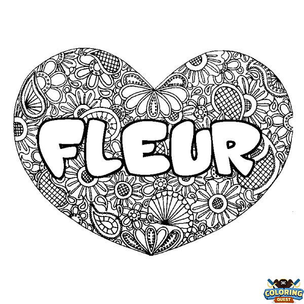 Coloring page first name FLEUR - Heart mandala background