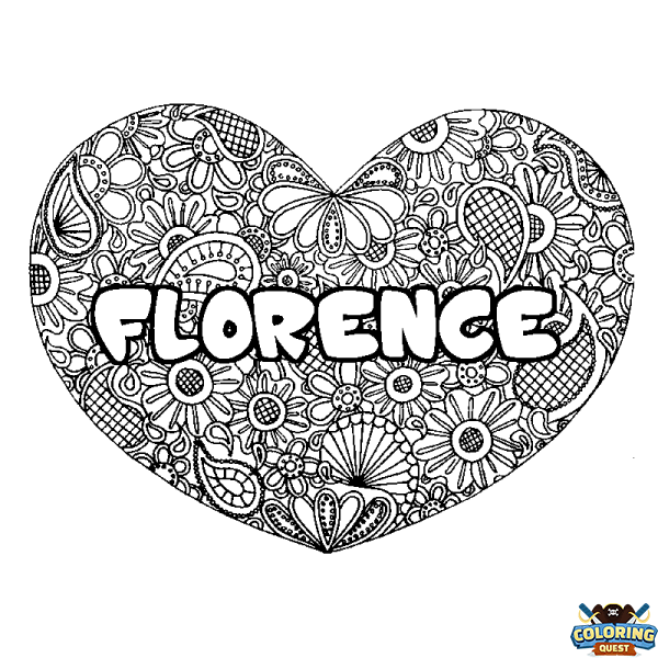 Coloring page first name FLORENCE - Heart mandala background