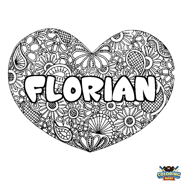 Coloring page first name FLORIAN - Heart mandala background