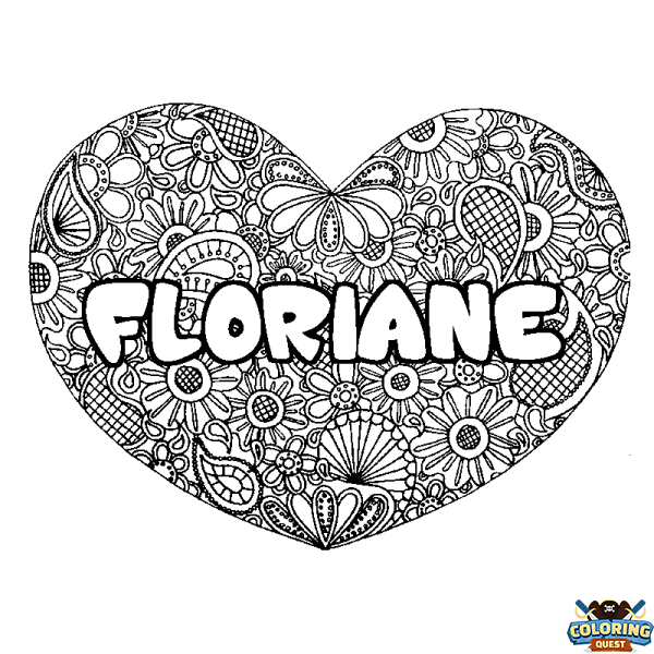 Coloring page first name FLORIANE - Heart mandala background