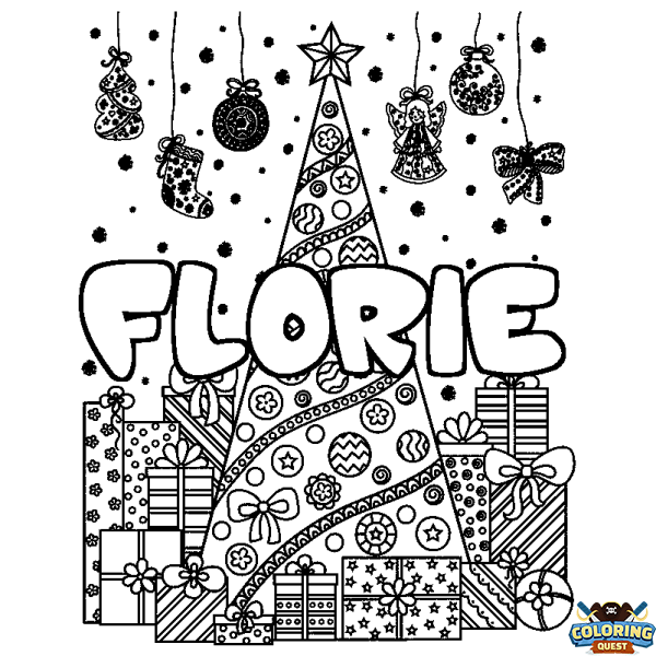 Coloring page first name FLORIE - Christmas tree and presents background