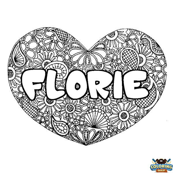 Coloring page first name FLORIE - Heart mandala background