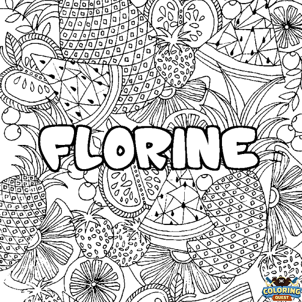 Coloring page first name FLORINE - Fruits mandala background