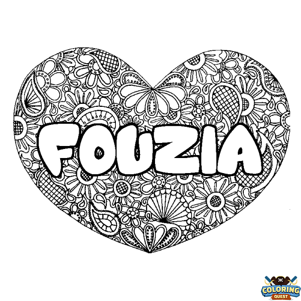 Coloring page first name FOUZIA - Heart mandala background