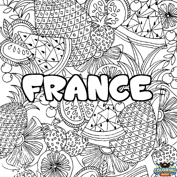 Coloring page first name FRANCE - Fruits mandala background