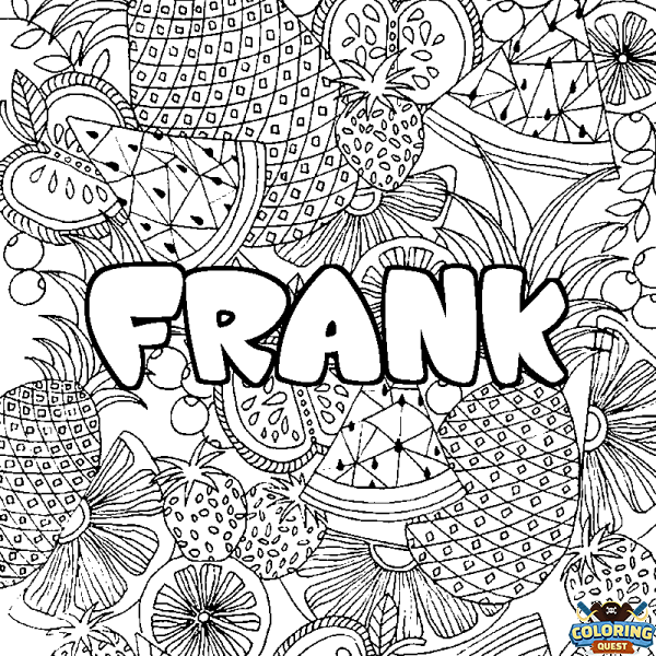 Coloring page first name FRANK - Fruits mandala background
