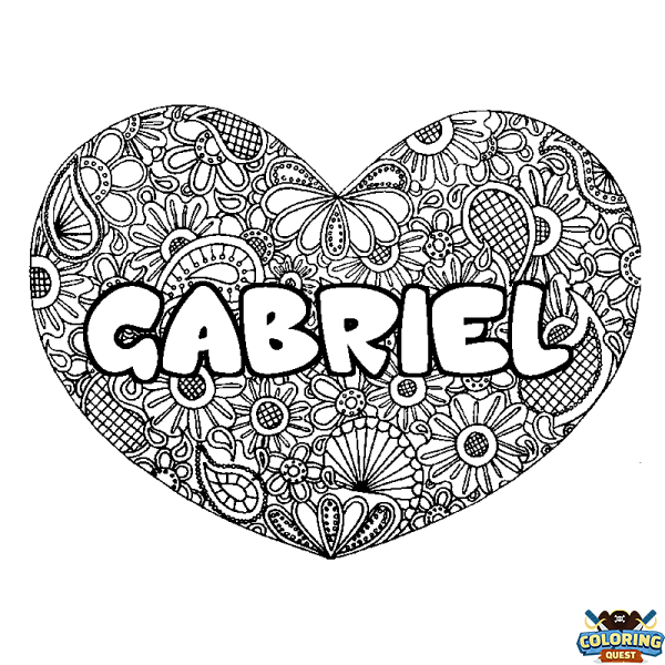 Coloring page first name GABRIEL - Heart mandala background