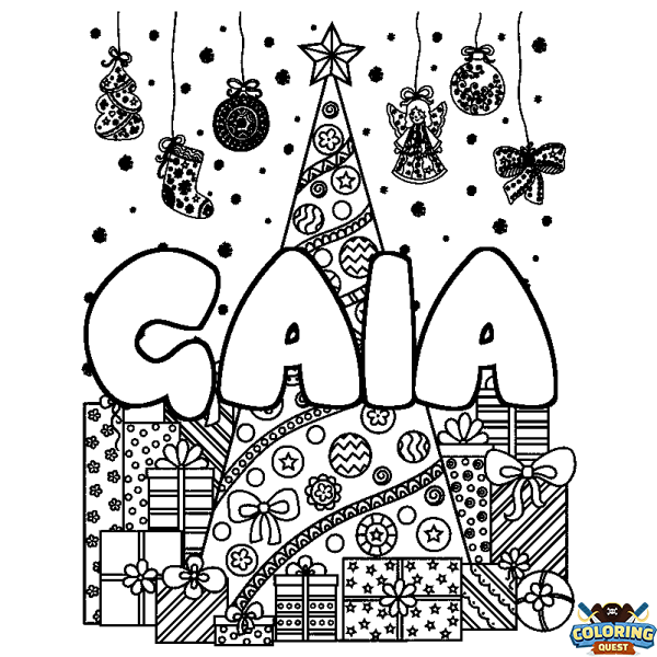 Coloring page first name GAIA - Christmas tree and presents background