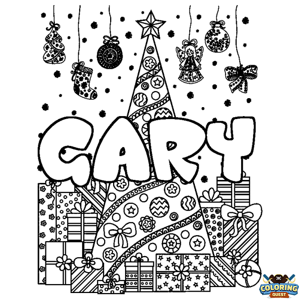 Coloring page first name GARY - Christmas tree and presents background