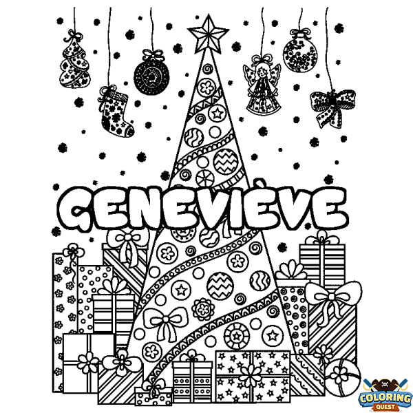 Coloring page first name GENEVI&Egrave;VE - Christmas tree and presents background