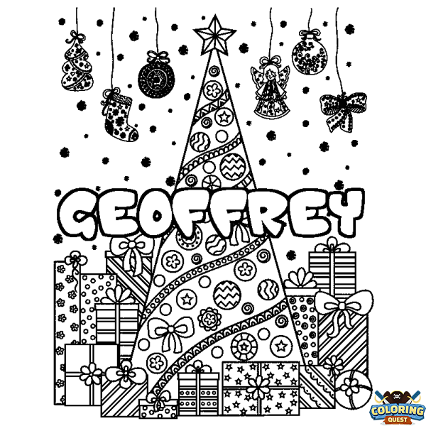 Coloring page first name GEOFFREY - Christmas tree and presents background