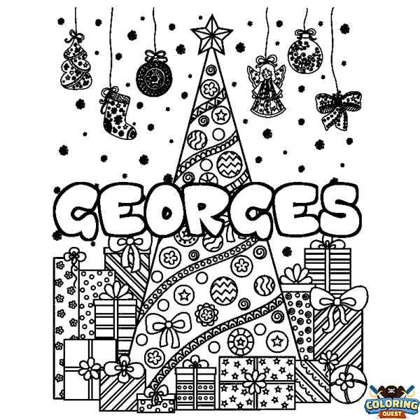 Coloring page first name GEORGES - Christmas tree and presents background