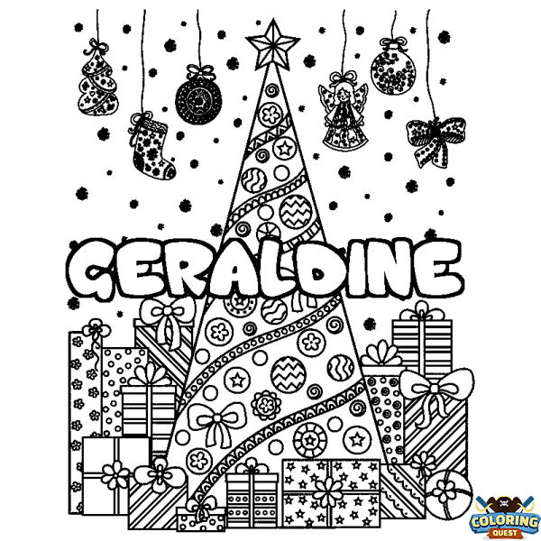 Coloring page first name GERALDINE - Christmas tree and presents background