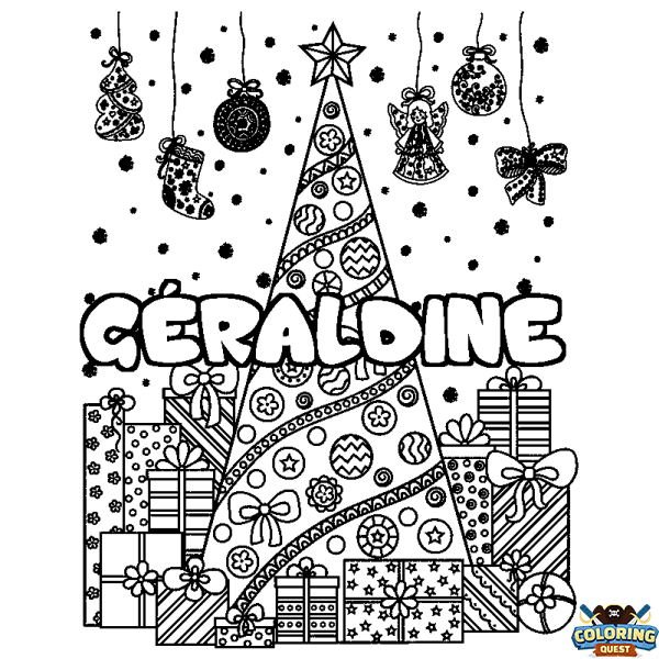 Coloring page first name G&Eacute;RALDINE - Christmas tree and presents background