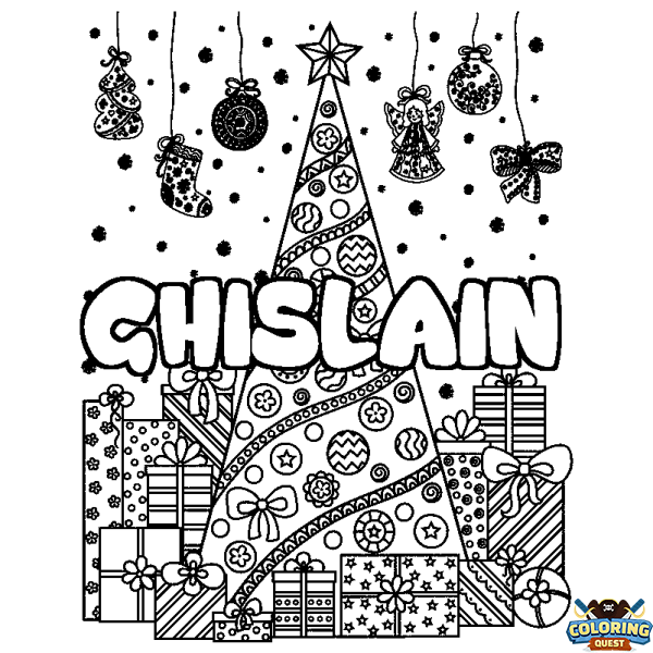 Coloring page first name GHISLAIN - Christmas tree and presents background
