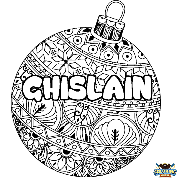 Coloring page first name GHISLAIN - Christmas tree bulb background