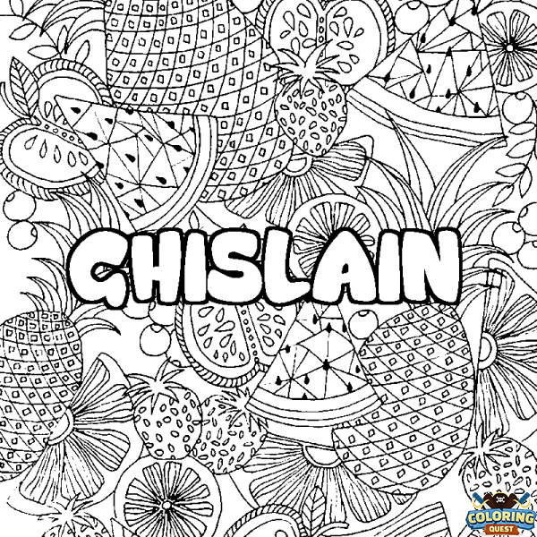 Coloring page first name GHISLAIN - Fruits mandala background