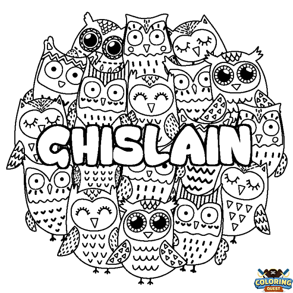 Coloring page first name GHISLAIN - Owls background