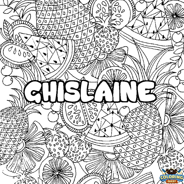 Coloring page first name GHISLAINE - Fruits mandala background